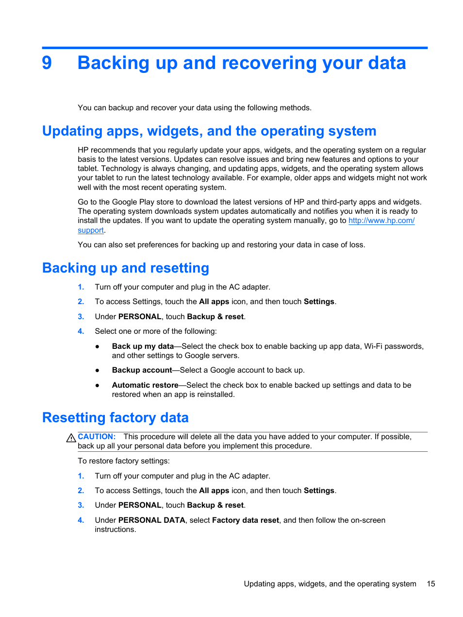 Backing up and recovering your data, Updating apps, widgets, and the operating system, Backing up and resetting | Resetting factory data, 9 backing up and recovering your data, 9backing up and recovering your data | HP SlateBook 10-h010nr x2 PC User Manual | Page 19 / 22