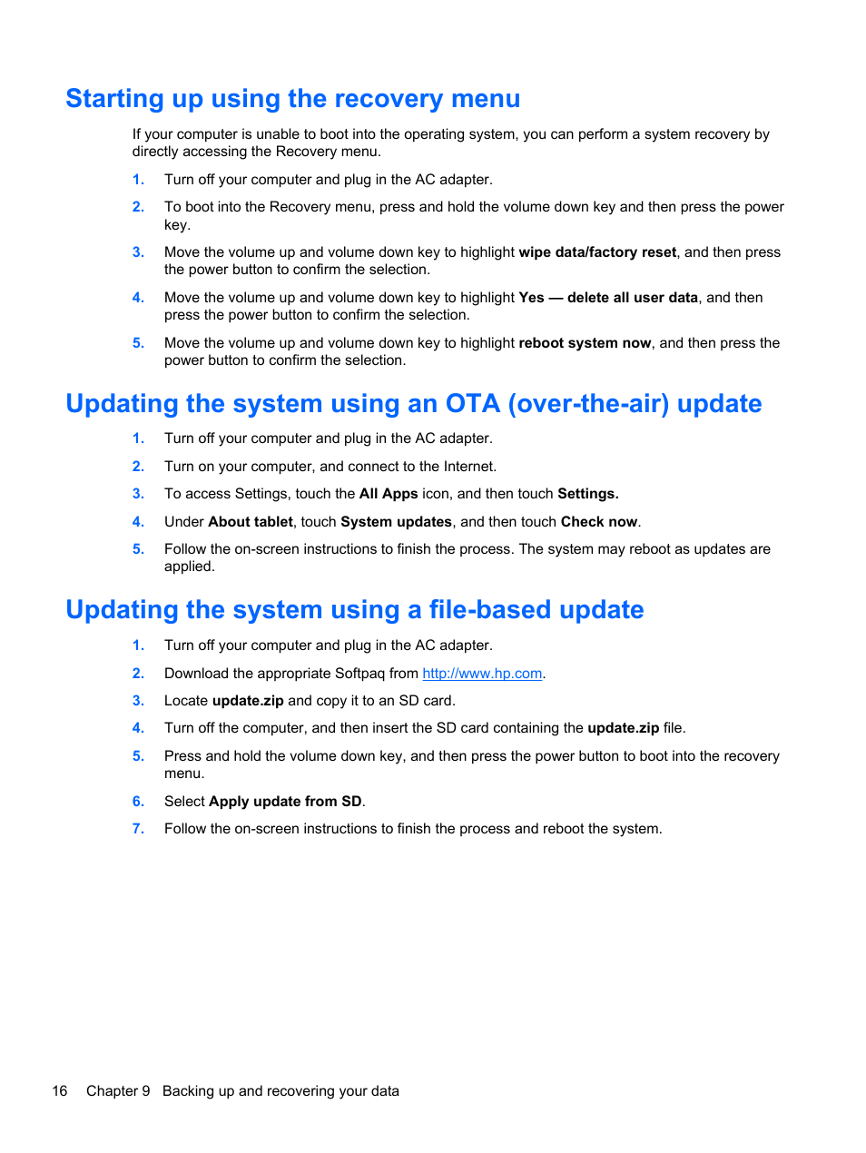 Starting up using the recovery menu, Updating the system using a file-based update | HP SlateBook 10-h010nr x2 PC User Manual | Page 20 / 22