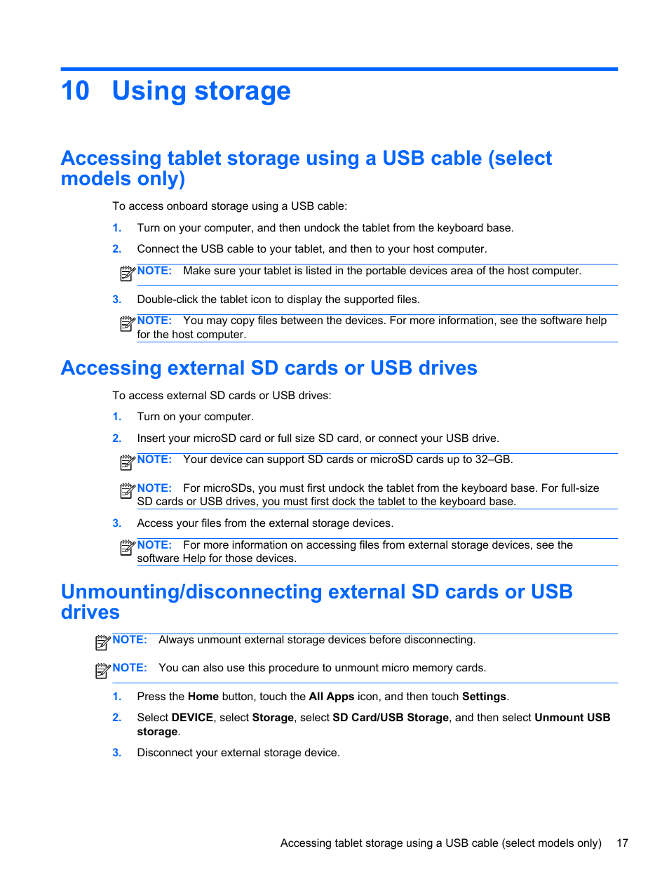 Using storage, Accessing external sd cards or usb drives, 10 using storage | HP SlateBook 10-h010nr x2 PC User Manual | Page 21 / 22