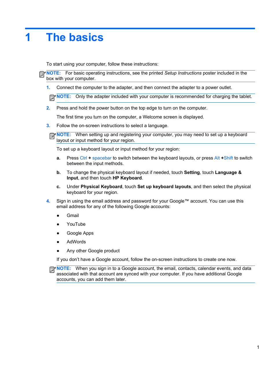 The basics, 1 the basics, 1the basics | HP SlateBook 10-h010nr x2 PC User Manual | Page 5 / 22