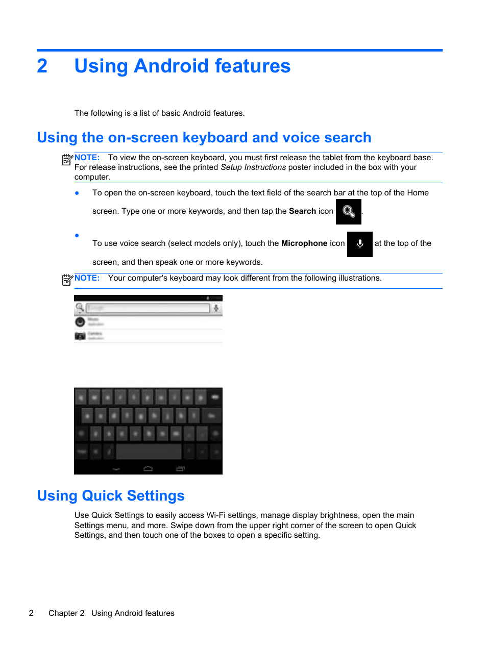 Using android features, Using the on-screen keyboard and voice search, Using quick settings | 2 using android features, 2using android features | HP SlateBook 10-h010nr x2 PC User Manual | Page 6 / 22