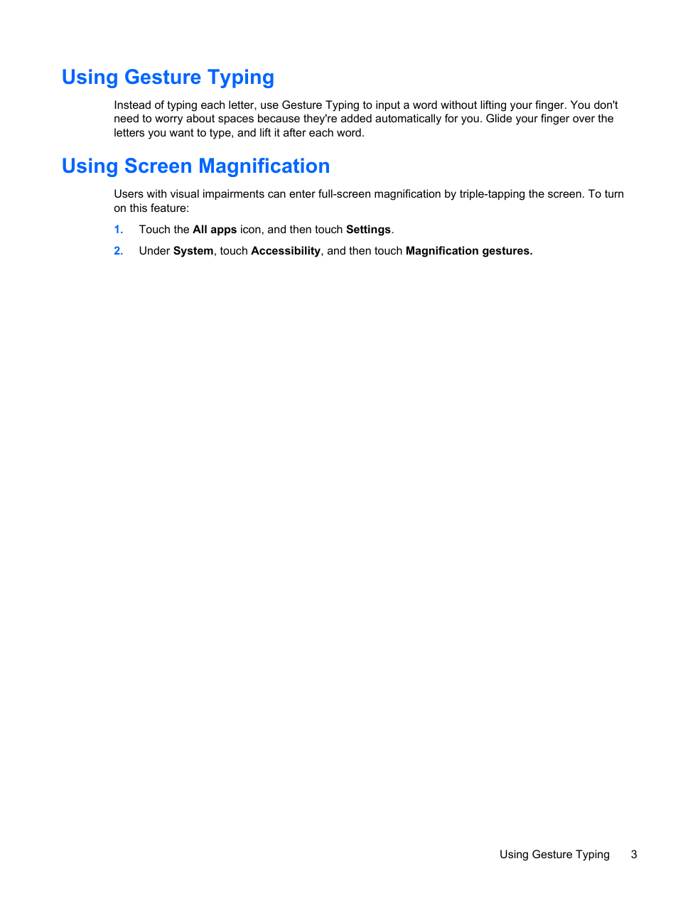 Using gesture typing, Using screen magnification, Using gesture typing using screen magnification | HP SlateBook 10-h010nr x2 PC User Manual | Page 7 / 22