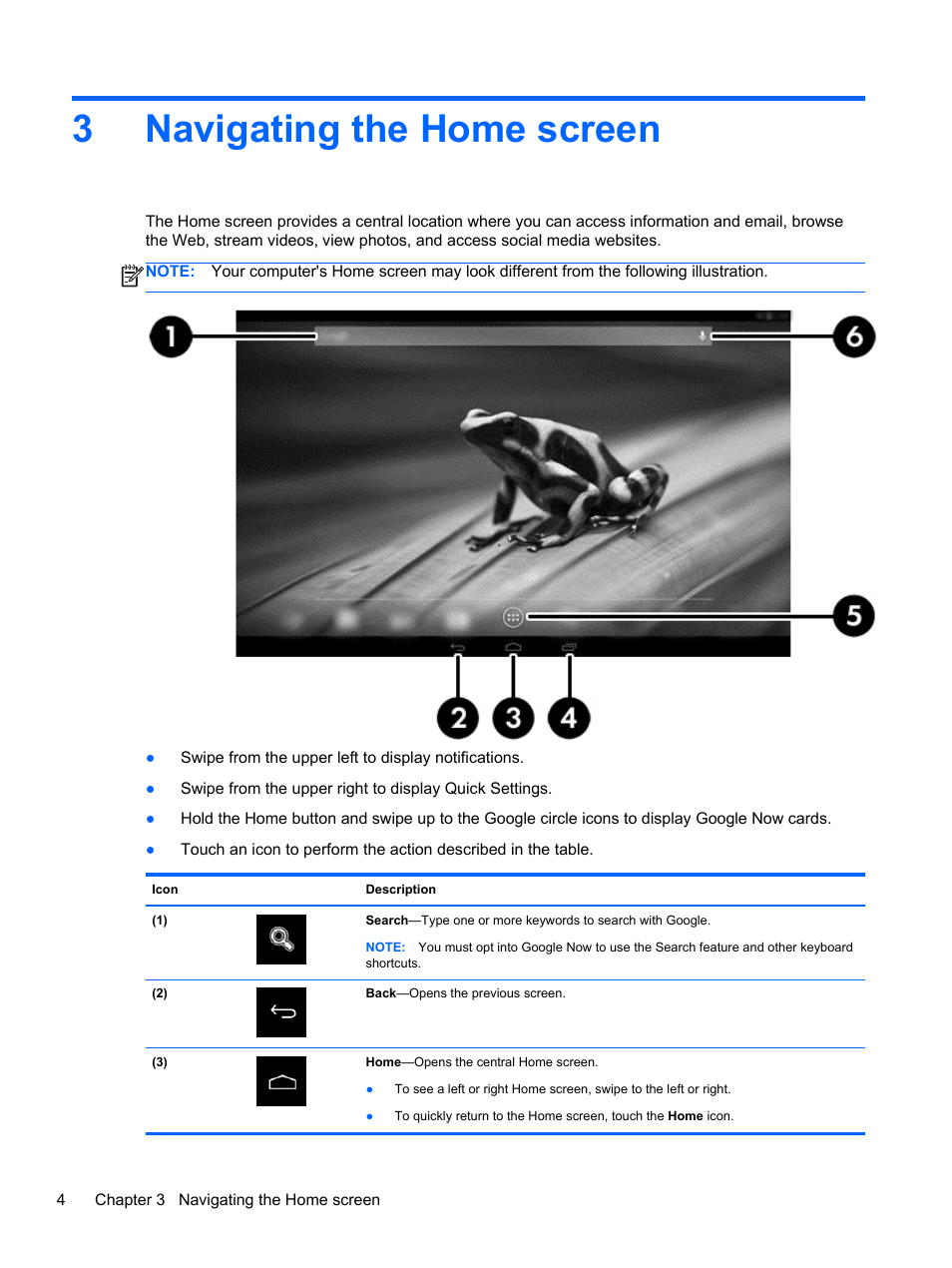 Navigating the home screen, 3 navigating the home screen, 3navigating the home screen | HP SlateBook 10-h010nr x2 PC User Manual | Page 8 / 22