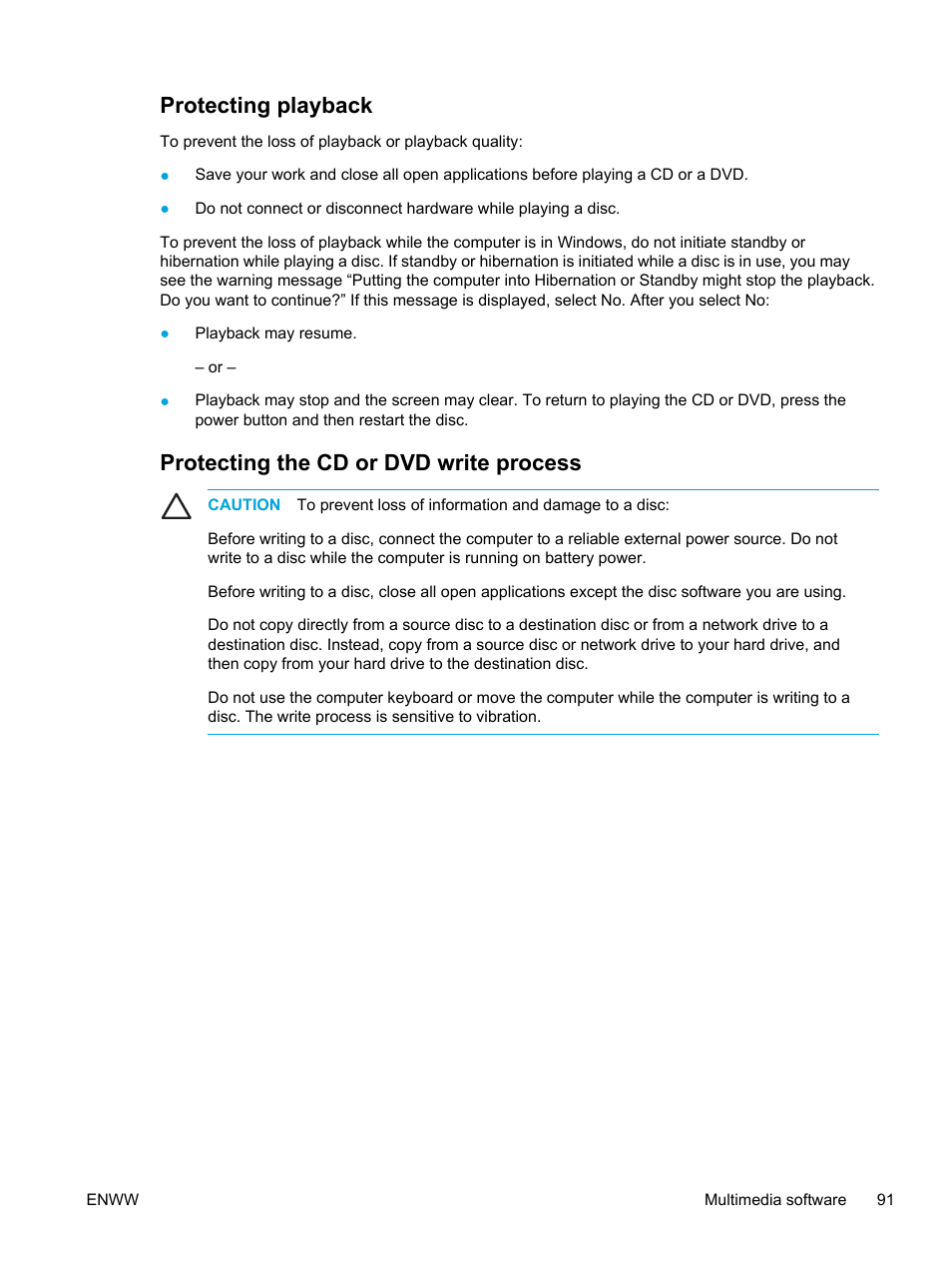 Protecting playback, Protecting the cd or dvd write process | HP Pavilion dv5127eu Notebook PC User Manual | Page 101 / 192