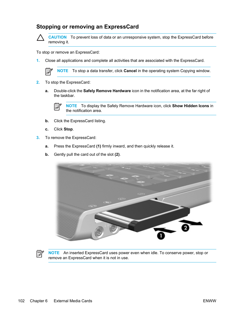 Stopping or removing an expresscard | HP Pavilion dv5127eu Notebook PC User Manual | Page 112 / 192