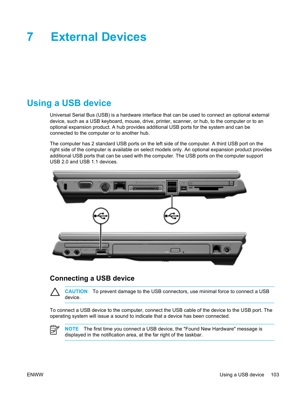 External devices, Using a usb device, Connecting a usb device | 7 external devices, 7external devices | HP Pavilion dv5127eu Notebook PC User Manual | Page 113 / 192