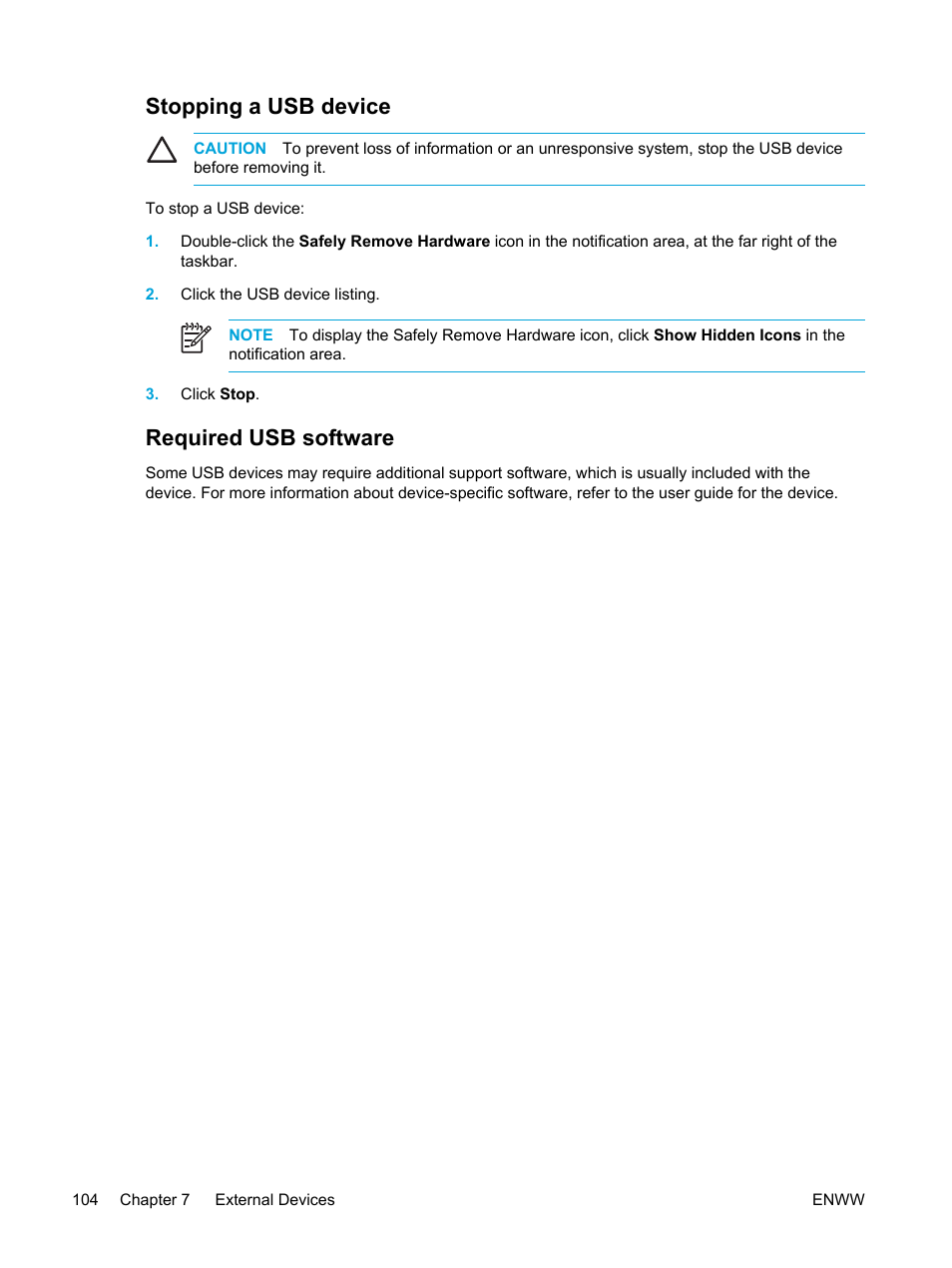 Stopping a usb device, Required usb software, Stopping a usb device required usb software | HP Pavilion dv5127eu Notebook PC User Manual | Page 114 / 192