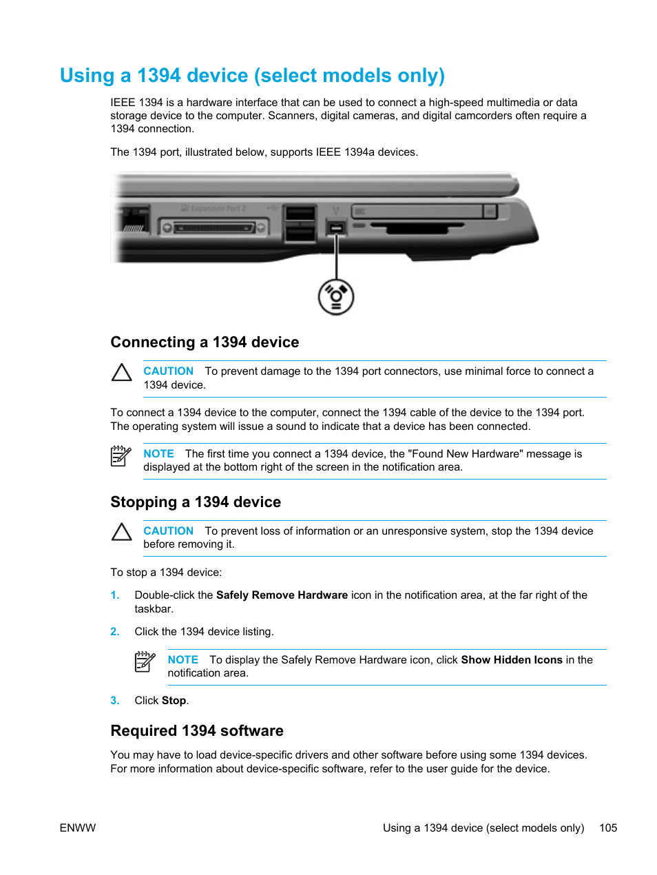 Using a 1394 device (select models only), Connecting a 1394 device, Stopping a 1394 device | Required 1394 software | HP Pavilion dv5127eu Notebook PC User Manual | Page 115 / 192