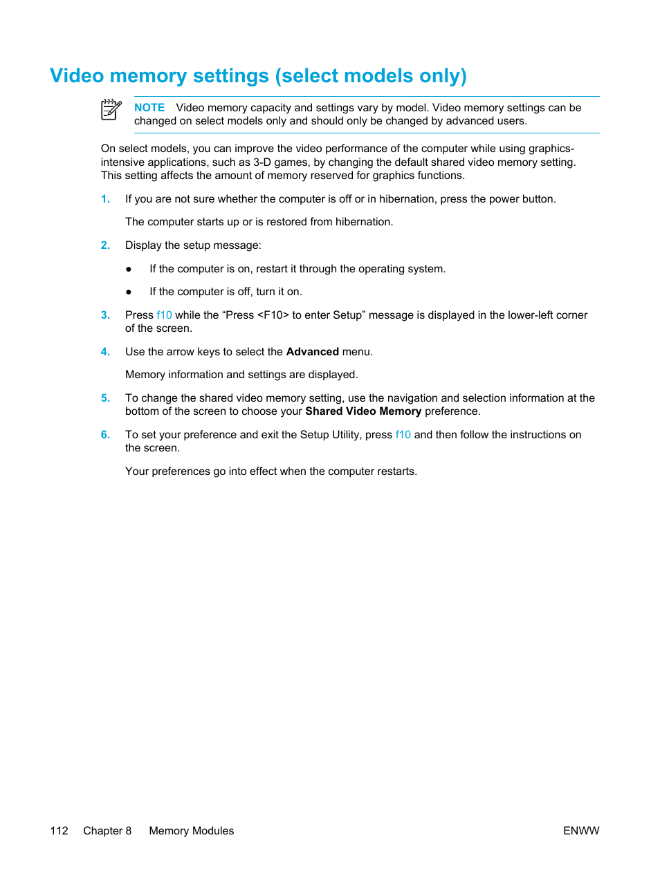 Video memory settings (select models only) | HP Pavilion dv5127eu Notebook PC User Manual | Page 122 / 192