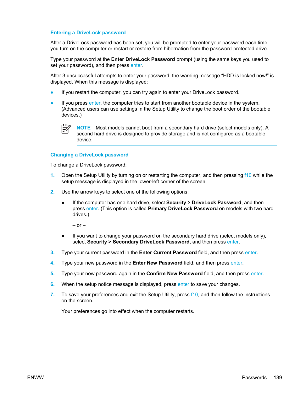 Entering a drivelock password, Changing a drivelock password | HP Pavilion dv5127eu Notebook PC User Manual | Page 149 / 192
