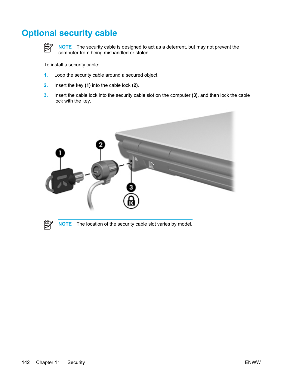 Optional security cable | HP Pavilion dv5127eu Notebook PC User Manual | Page 152 / 192