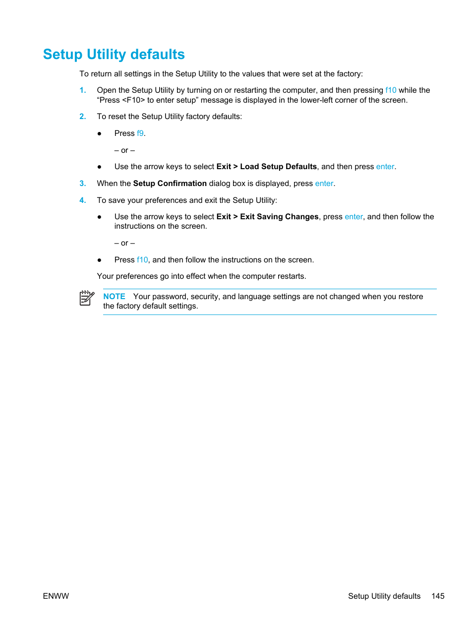 Setup utility defaults | HP Pavilion dv5127eu Notebook PC User Manual | Page 155 / 192