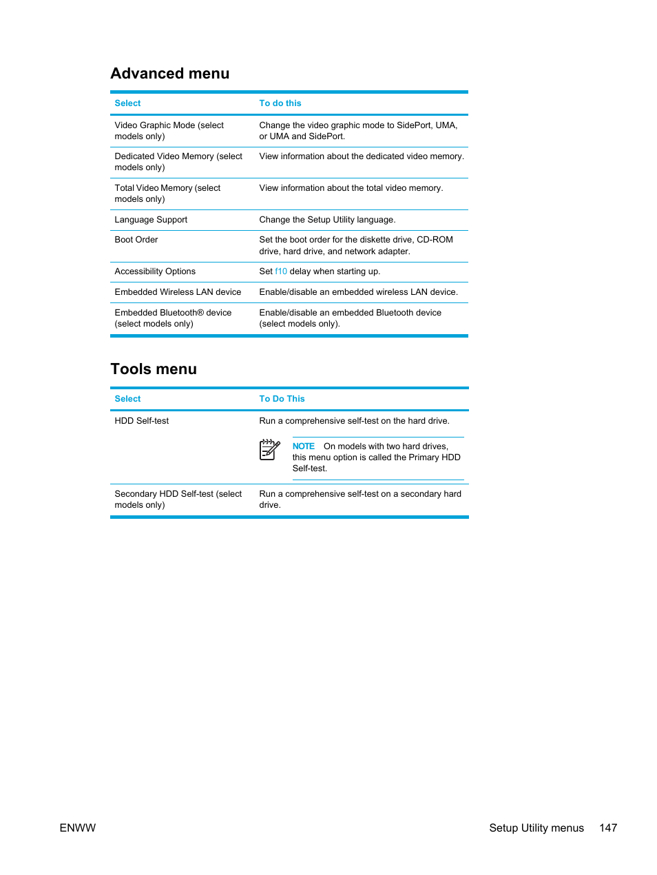 Advanced menu, Tools menu, Advanced menu tools menu | HP Pavilion dv5127eu Notebook PC User Manual | Page 157 / 192