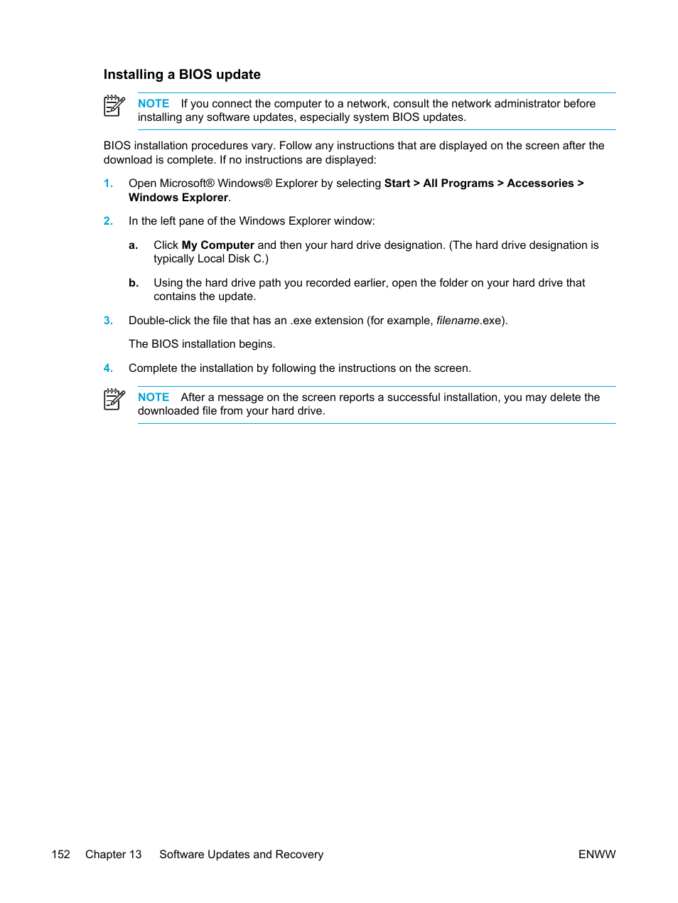 Installing a bios update | HP Pavilion dv5127eu Notebook PC User Manual | Page 162 / 192
