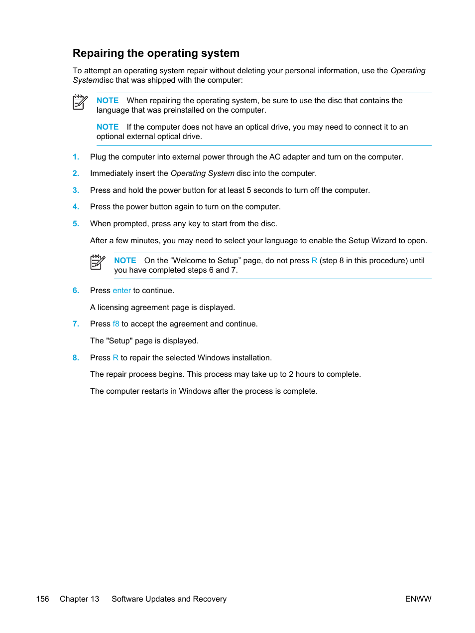 Repairing the operating system | HP Pavilion dv5127eu Notebook PC User Manual | Page 166 / 192