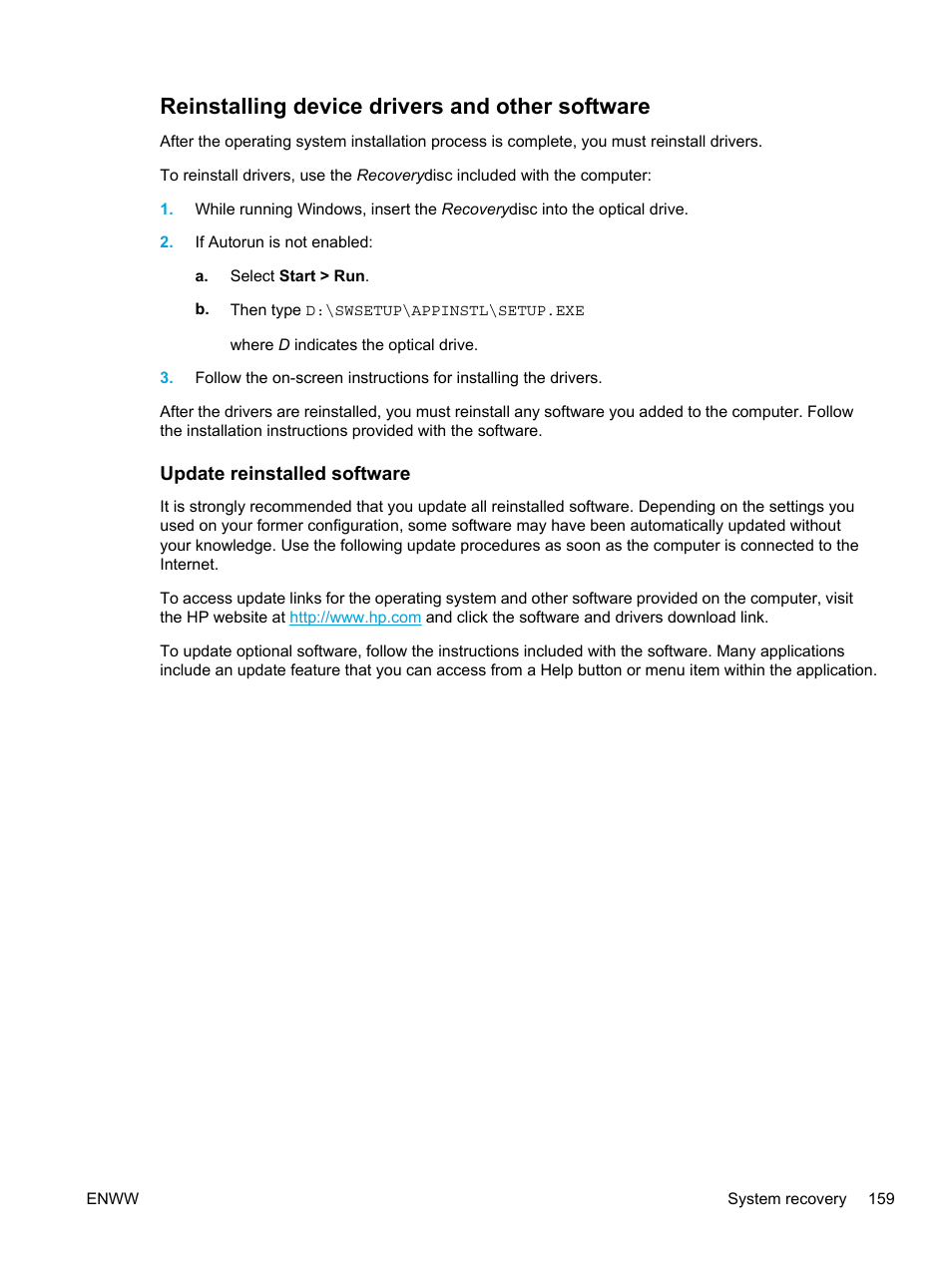 Reinstalling device drivers and other software, Update reinstalled software | HP Pavilion dv5127eu Notebook PC User Manual | Page 169 / 192