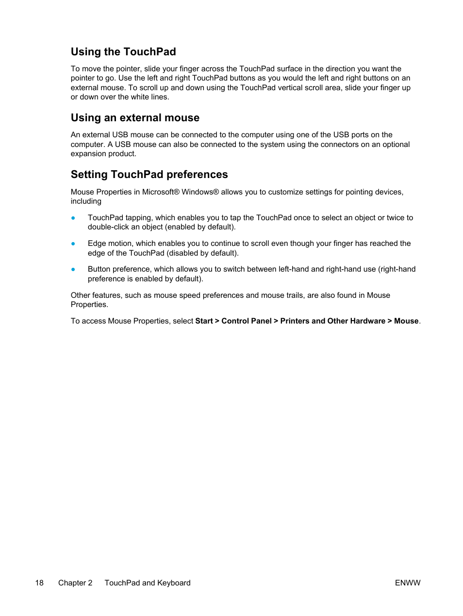 Using the touchpad, Using an external mouse, Setting touchpad preferences | HP Pavilion dv5127eu Notebook PC User Manual | Page 28 / 192