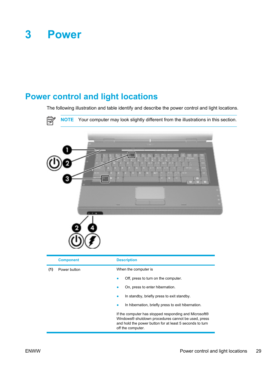 Power, Power control and light locations, 3 power | 3power | HP Pavilion dv5127eu Notebook PC User Manual | Page 39 / 192