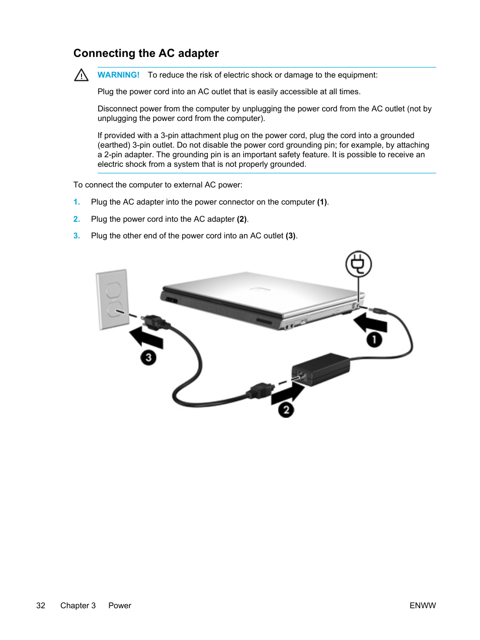 Connecting the ac adapter | HP Pavilion dv5127eu Notebook PC User Manual | Page 42 / 192
