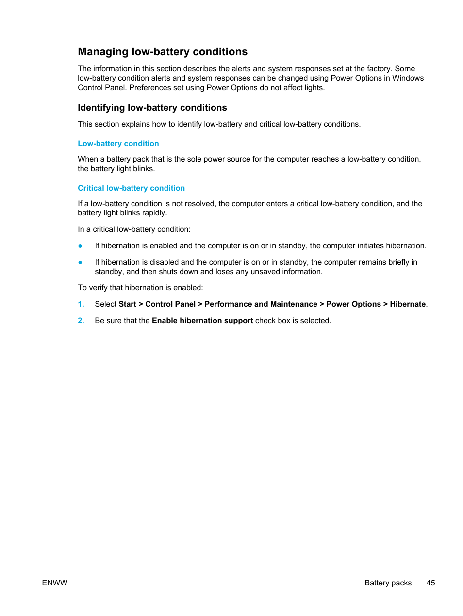 Managing low-battery conditions, Identifying low-battery conditions, Low-battery condition | Critical low-battery condition | HP Pavilion dv5127eu Notebook PC User Manual | Page 55 / 192