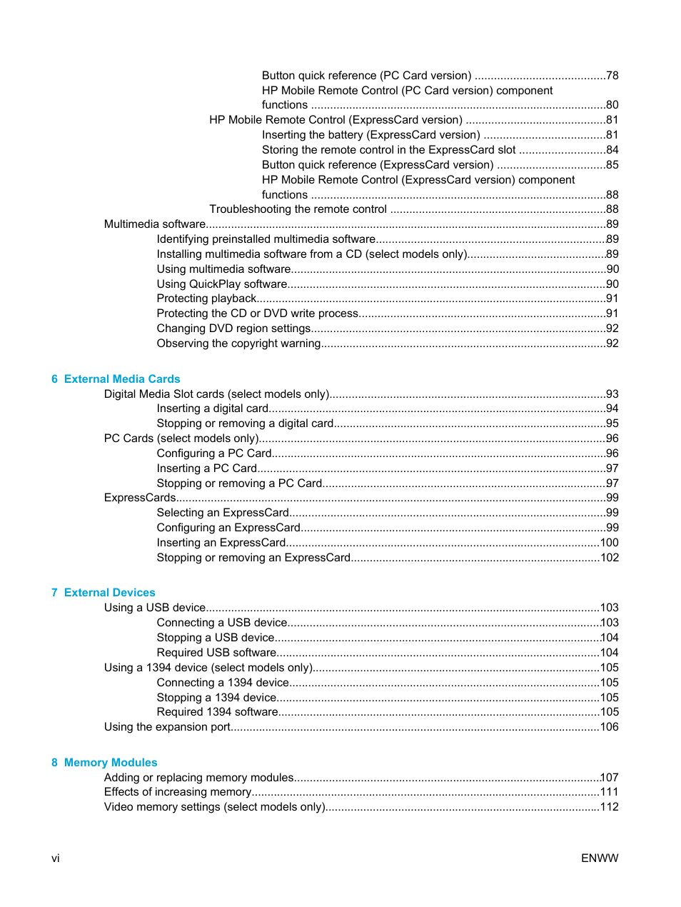 HP Pavilion dv5127eu Notebook PC User Manual | Page 6 / 192