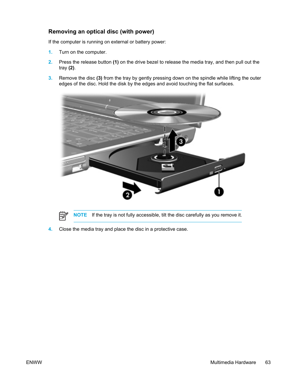 Removing an optical disc (with power) | HP Pavilion dv5127eu Notebook PC User Manual | Page 73 / 192