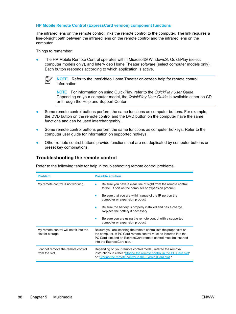 Troubleshooting the remote control | HP Pavilion dv5127eu Notebook PC User Manual | Page 98 / 192