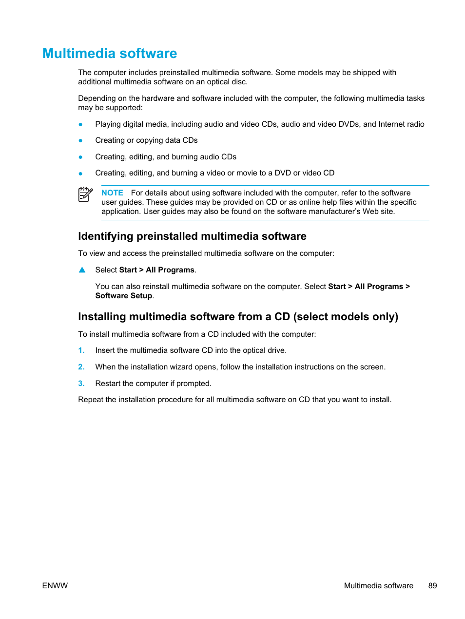 Multimedia software, Identifying preinstalled multimedia software | HP Pavilion dv5127eu Notebook PC User Manual | Page 99 / 192