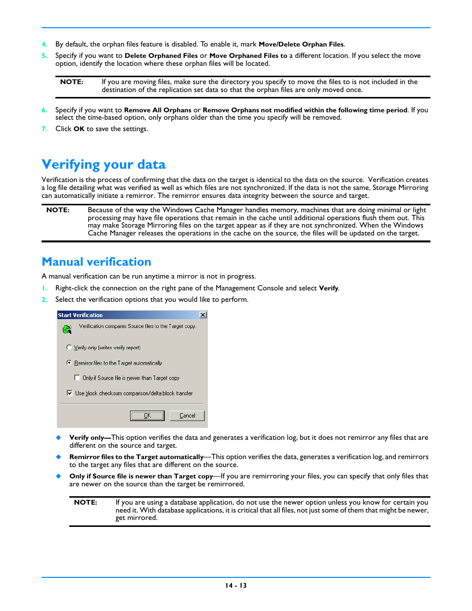 Verifying your data, Manual verification, Verifying your data -13 | Manual verification -13 | HP Storage Mirroring V5 Software User Manual | Page 102 / 212