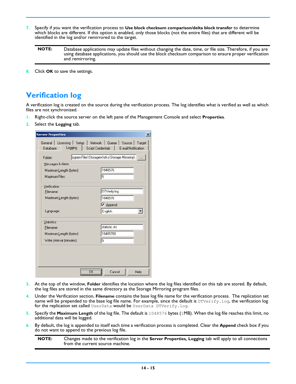 Verification log, Verification log -15 | HP Storage Mirroring V5 Software User Manual | Page 104 / 212