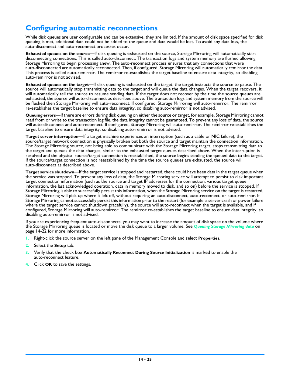 Configuring automatic reconnections, Configuring automatic reconnections -25 | HP Storage Mirroring V5 Software User Manual | Page 114 / 212
