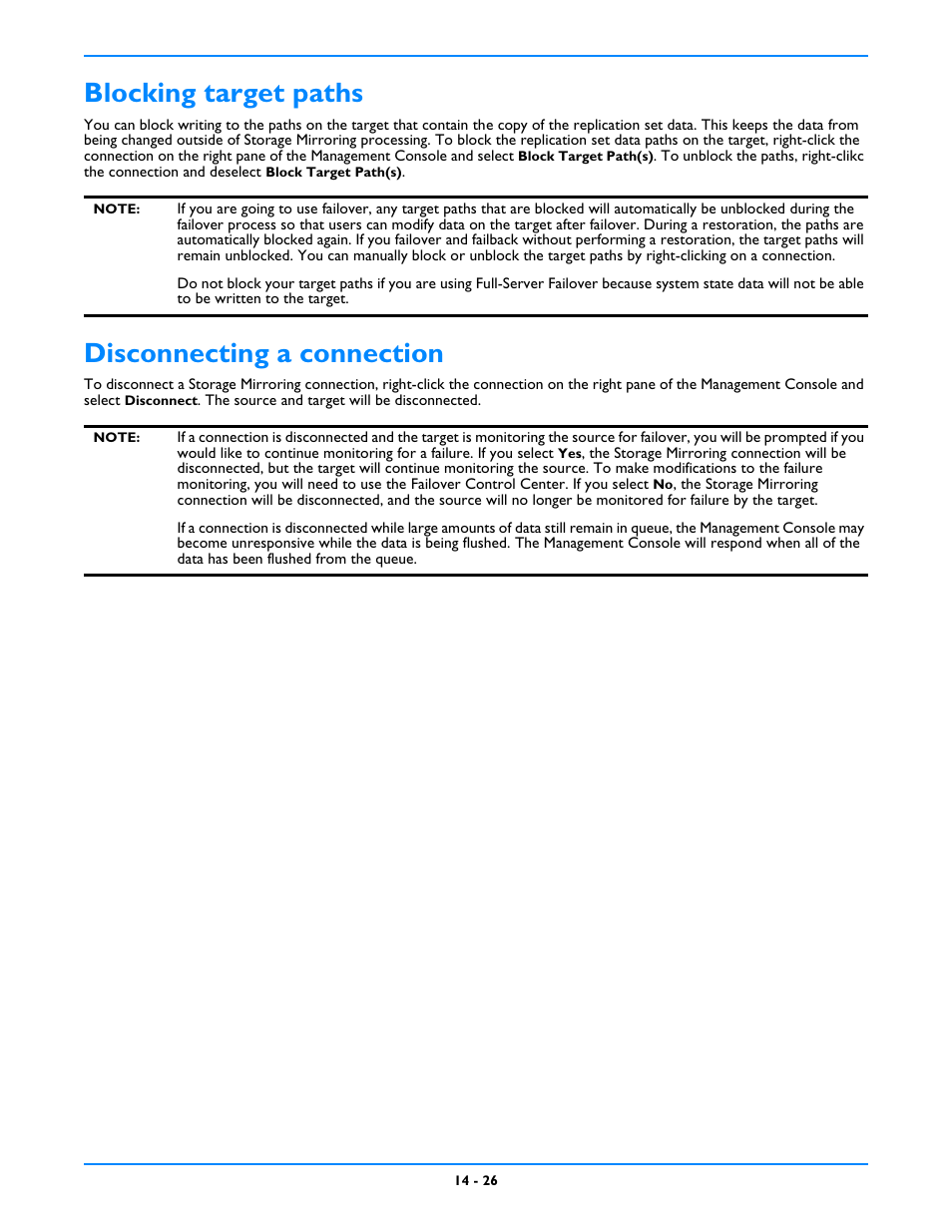Blocking target paths, Disconnecting a connection, Blocking target paths -26 | Disconnecting a connection -26 | HP Storage Mirroring V5 Software User Manual | Page 115 / 212