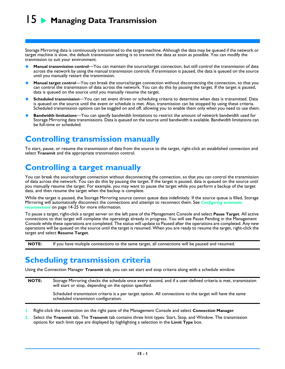 Managing data transmission, Controlling transmission manually, Controlling a target manually | Scheduling transmission criteria, Chapter 15: managing data transmission -1, Controlling transmission manually -1, Scheduling transmission criteria -1 | HP Storage Mirroring V5 Software User Manual | Page 116 / 212