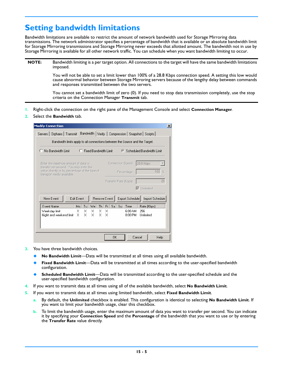 Setting bandwidth limitations, Setting bandwidth limitations -5 | HP Storage Mirroring V5 Software User Manual | Page 120 / 212