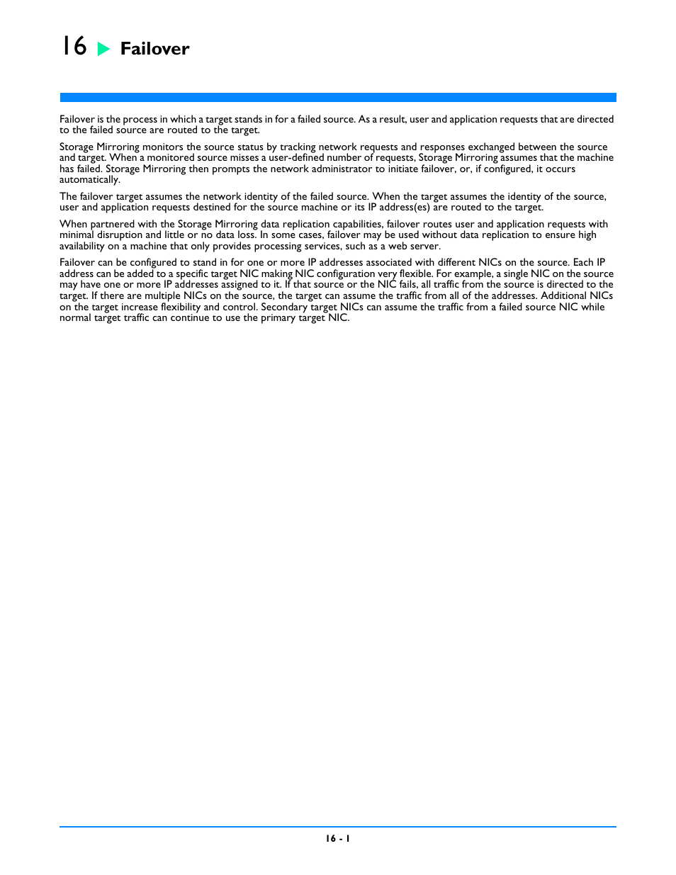 Failover, Chapter 16: failover -1 | HP Storage Mirroring V5 Software User Manual | Page 123 / 212