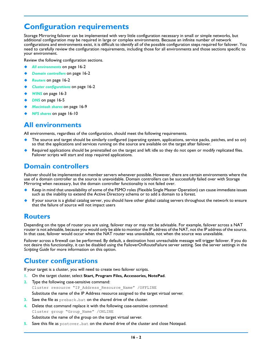 Configuration requirements, All environments, Domain controllers | Routers, Cluster configurations, Configuration requirements -2 | HP Storage Mirroring V5 Software User Manual | Page 124 / 212
