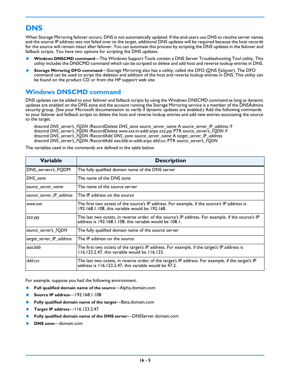 Dns -5, Windows dnscmd command -5, Windows dnscmd command | HP Storage Mirroring V5 Software User Manual | Page 127 / 212