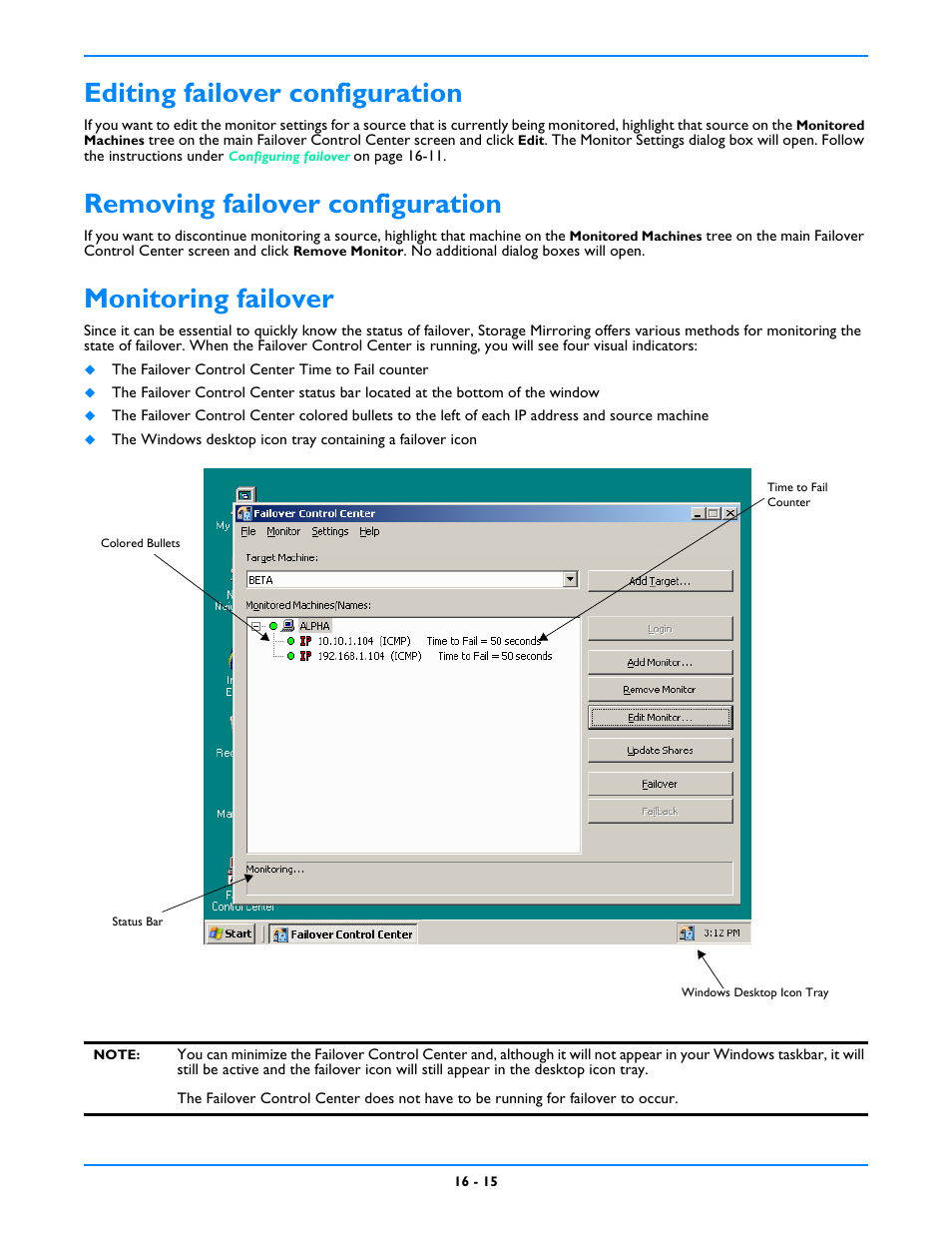 Editing failover configuration, Removing failover configuration, Monitoring failover | Editing failover configuration -15, Removing failover configuration -15, Monitoring failover -15 | HP Storage Mirroring V5 Software User Manual | Page 137 / 212