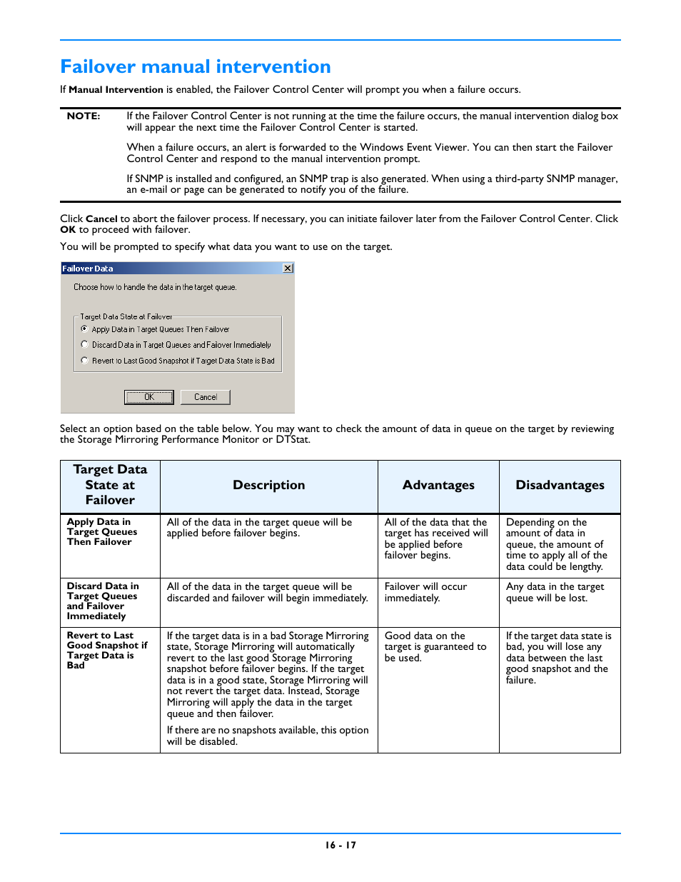 Failover manual intervention, Failover manual intervention -17 | HP Storage Mirroring V5 Software User Manual | Page 139 / 212