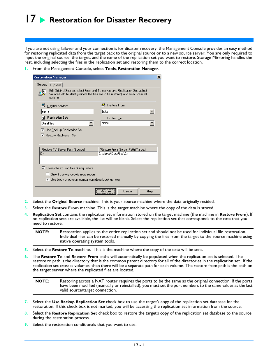 Restoration for disaster recovery, Chapter 17: restoration for disaster recovery -1 | HP Storage Mirroring V5 Software User Manual | Page 140 / 212