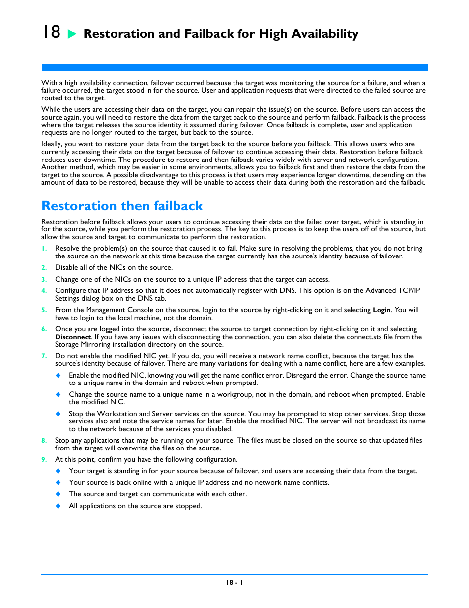 Restoration and failback for high availability, Restoration then failback, Restoration then failback -1 | HP Storage Mirroring V5 Software User Manual | Page 142 / 212