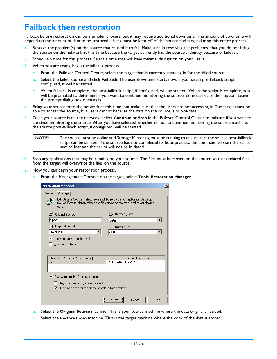 Failback then restoration, Failback then restoration -4 | HP Storage Mirroring V5 Software User Manual | Page 145 / 212