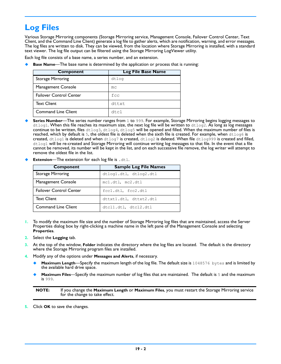 Log files, Log files -2 | HP Storage Mirroring V5 Software User Manual | Page 148 / 212
