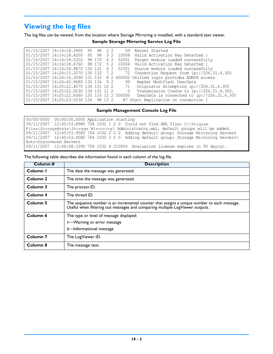 Viewing the log files, Viewing the log files -3 | HP Storage Mirroring V5 Software User Manual | Page 149 / 212