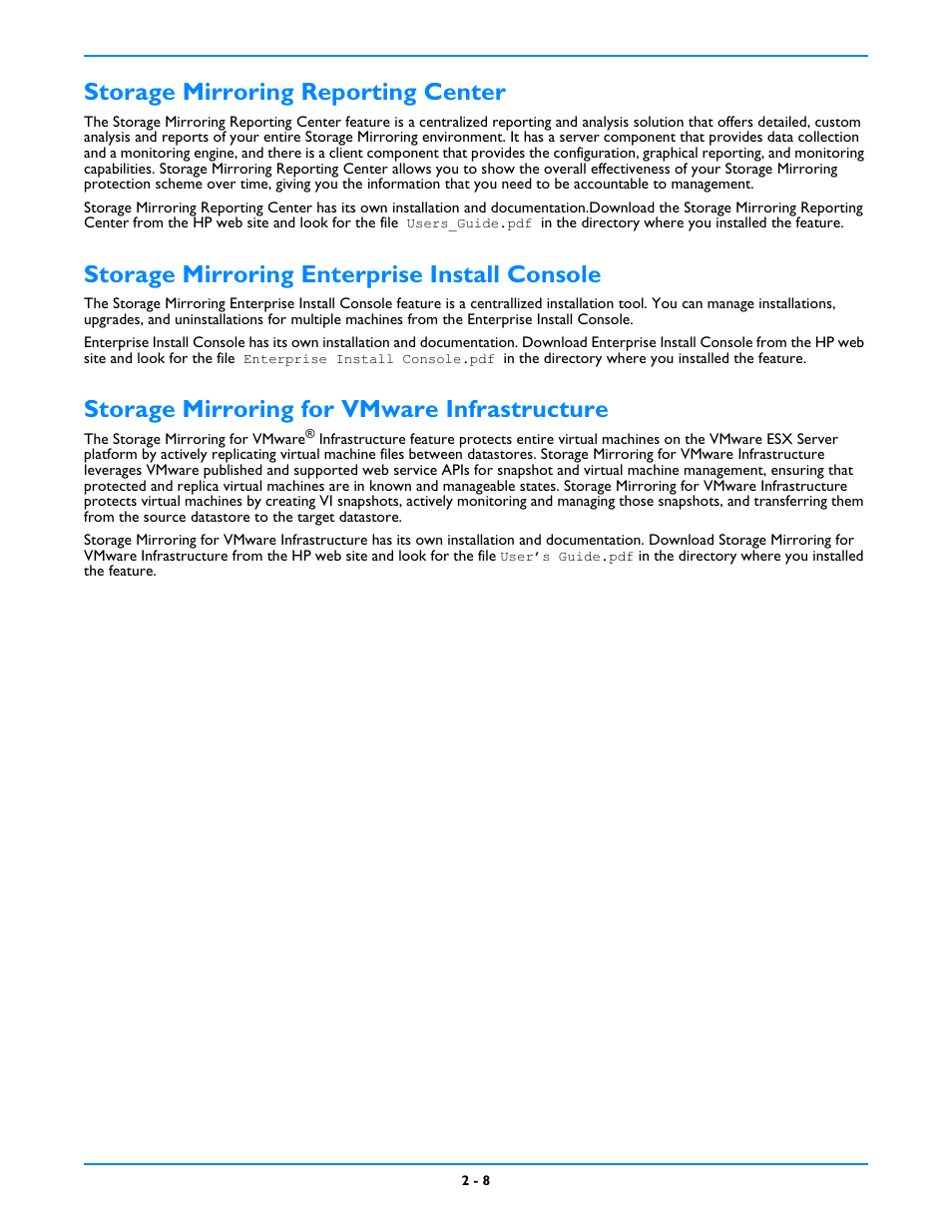 Storage mirroring reporting center, Storage mirroring enterprise install console, Storage mirroring for vmware infrastructure | HP Storage Mirroring V5 Software User Manual | Page 16 / 212
