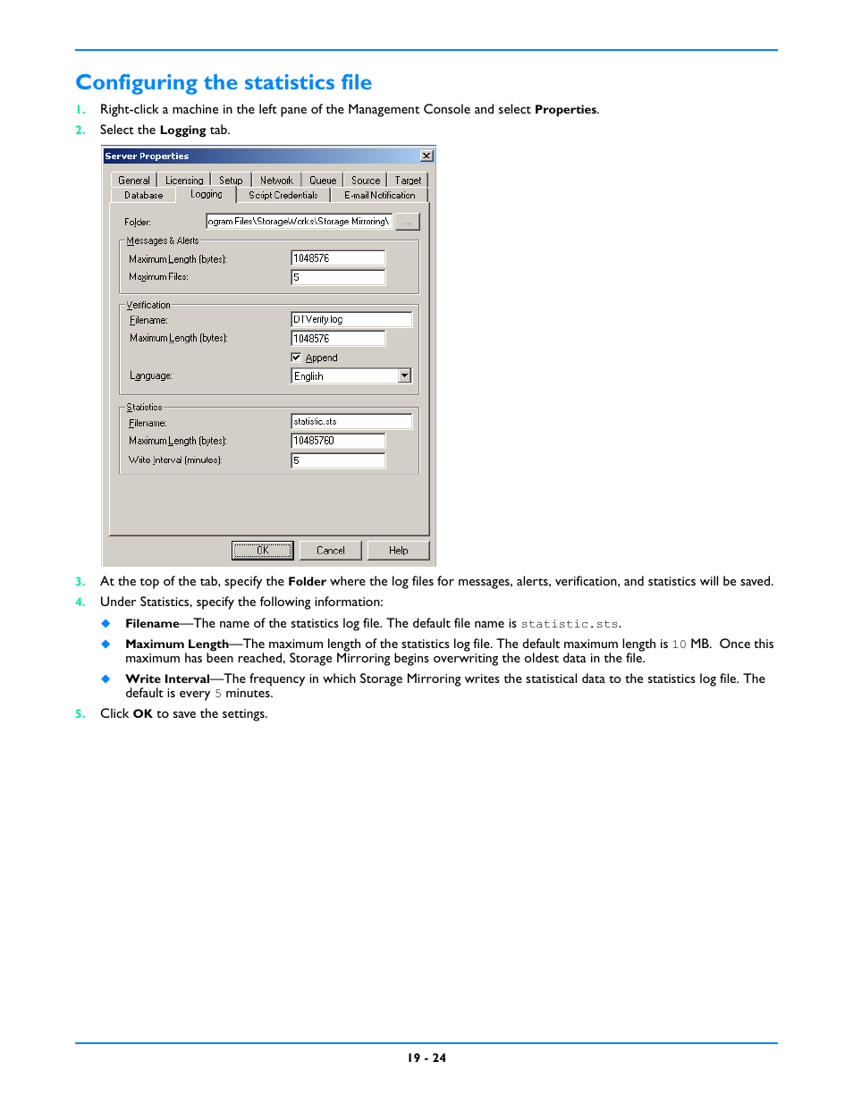 Configuring the statistics file, Configuring the statistics file -24 | HP Storage Mirroring V5 Software User Manual | Page 170 / 212