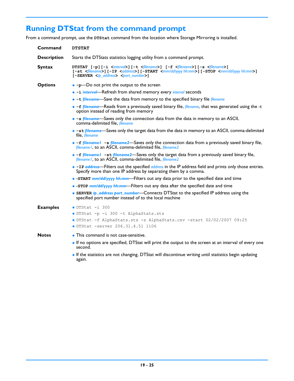 Running dtstat from the command prompt, Running dtstat from the command prompt -25 | HP Storage Mirroring V5 Software User Manual | Page 171 / 212