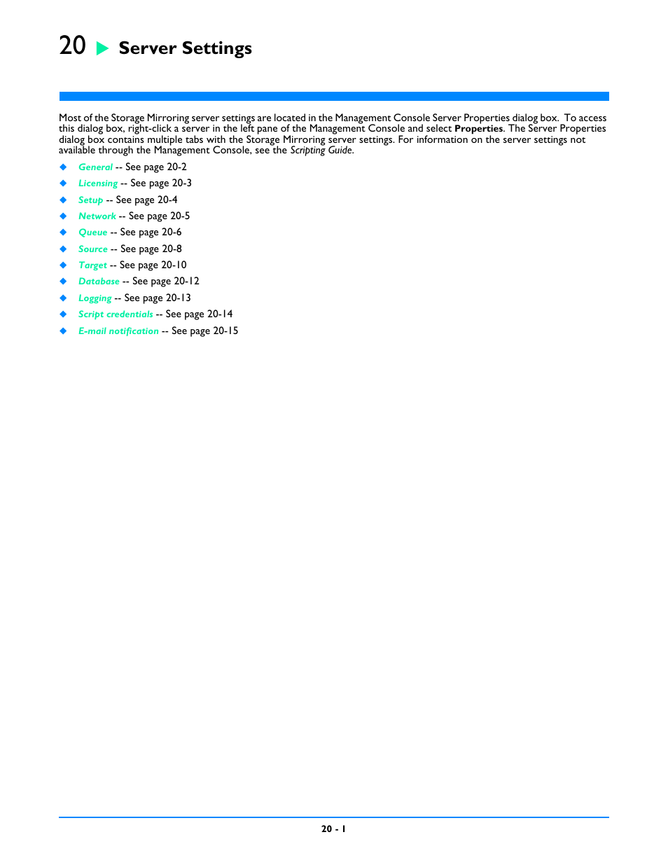 Server settings, Chapter 20: server settings -1 | HP Storage Mirroring V5 Software User Manual | Page 183 / 212