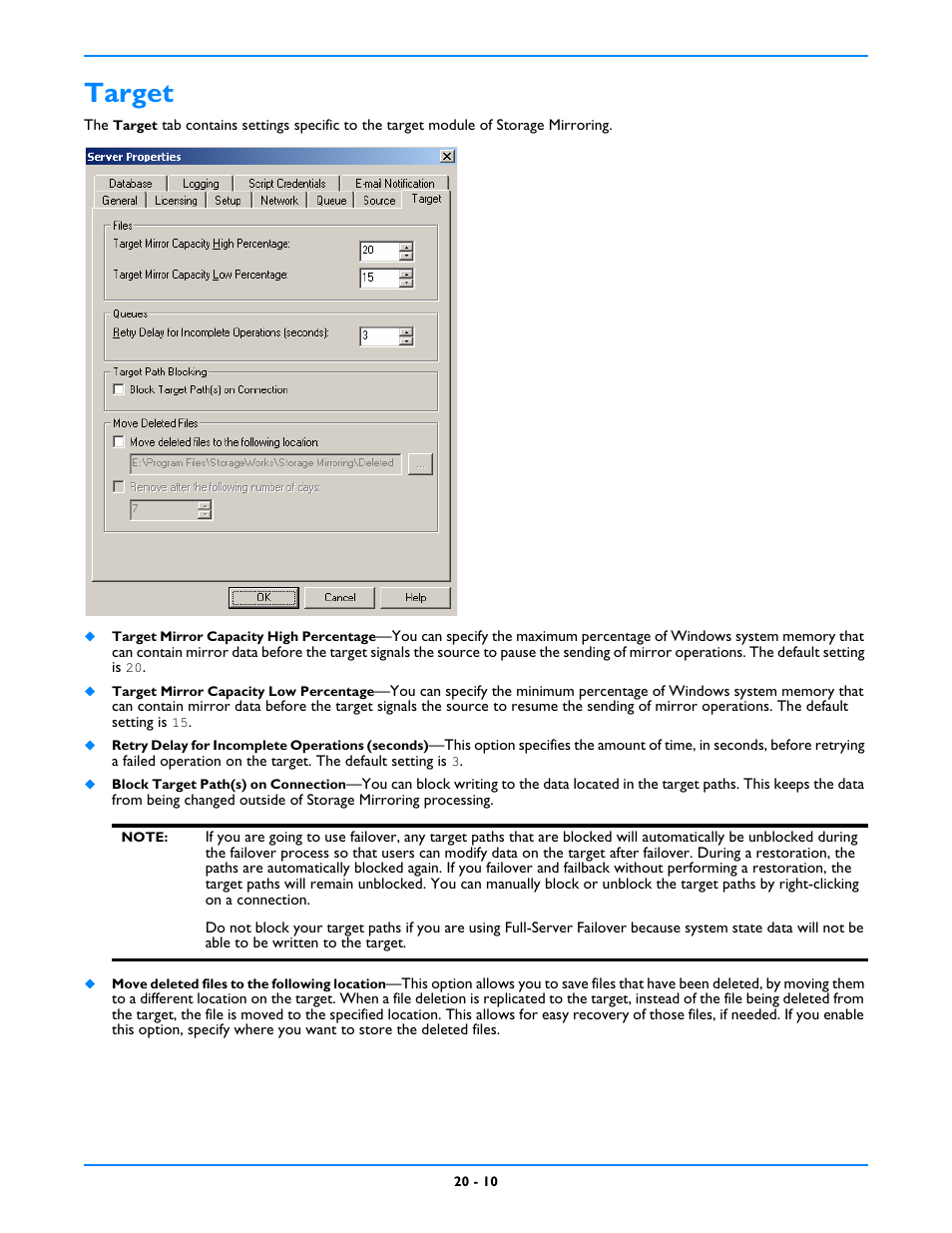 Target, Target -10 | HP Storage Mirroring V5 Software User Manual | Page 192 / 212