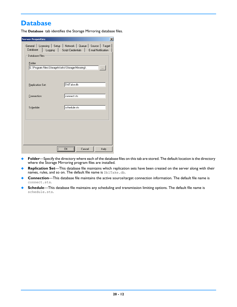 Database, Database -12 | HP Storage Mirroring V5 Software User Manual | Page 194 / 212